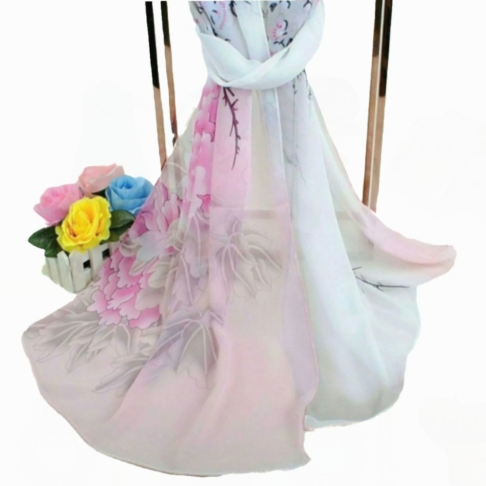 Cherry Blossom Long Floral Chiffon Organza Scarve Scarf Pink Blue White Womens